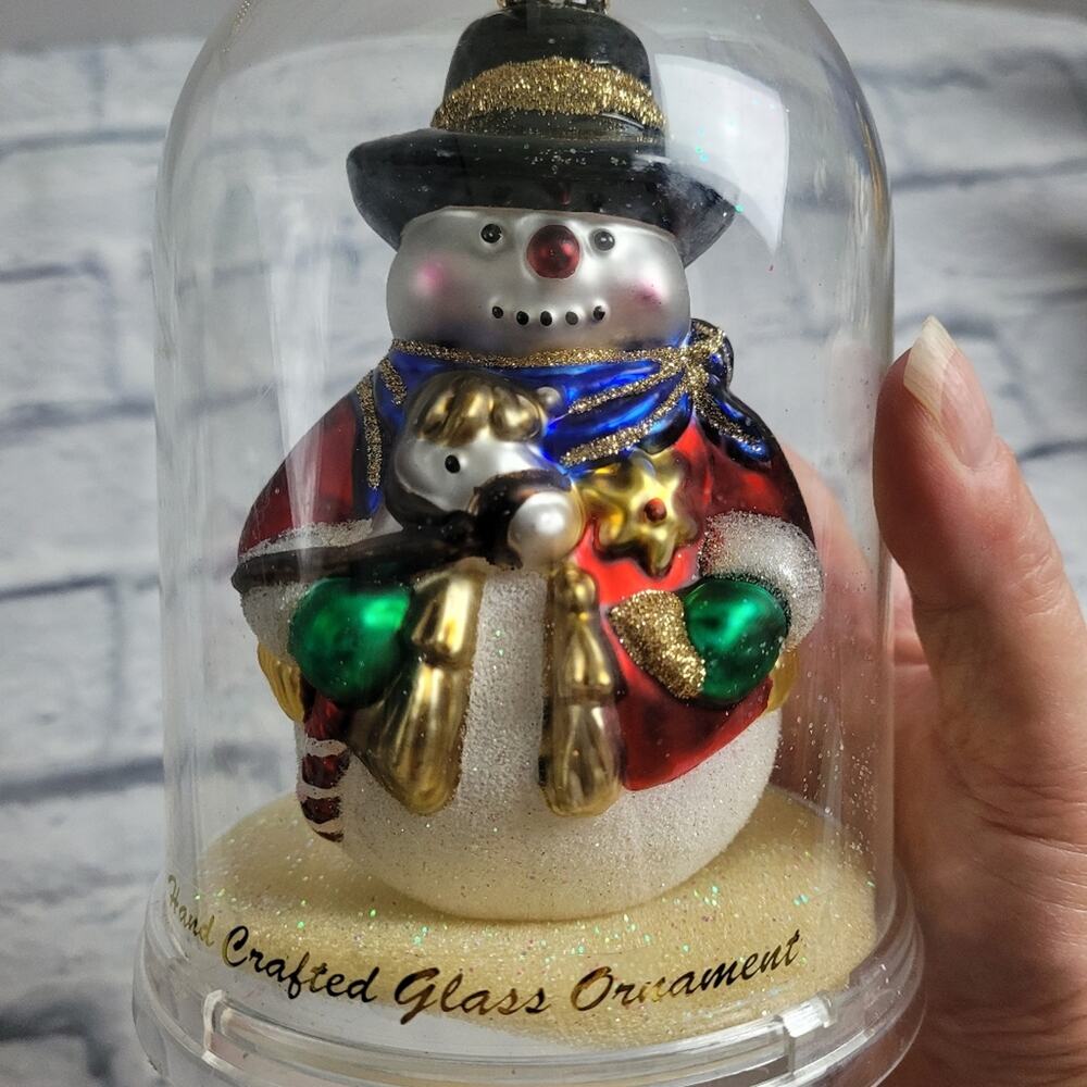Snowman Handcrafted Blown Glass Ornament in Protective Plastic Dome